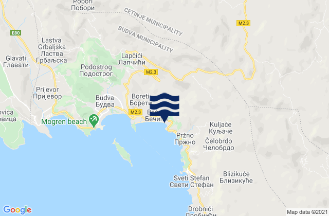 Carte des horaires des marées pour Cetinje, Montenegro