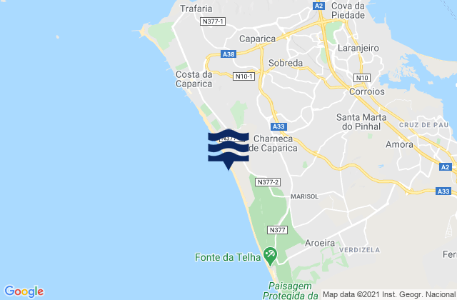 Carte des horaires des marées pour Charneca de Caparica, Portugal
