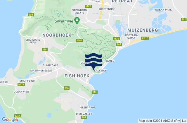 Carte des horaires des marées pour Clovelly, South Africa