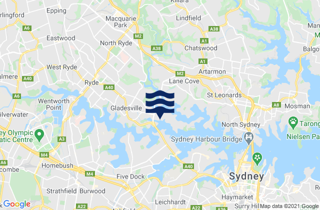 Carte des horaires des marées pour Concord, Australia