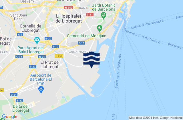 Carte des horaires des marées pour Cornellà de Llobregat, Spain