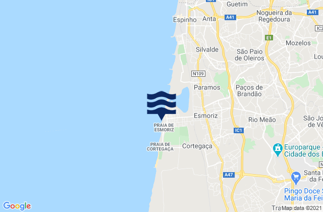 Carte des horaires des marées pour Cortegaça, Portugal
