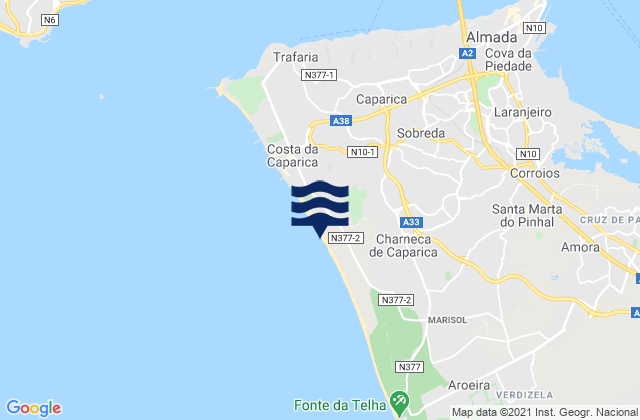 Carte des horaires des marées pour Costa da Caparica, Portugal