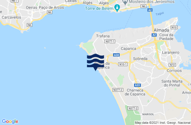 Carte des horaires des marées pour Costa de Caparica, Portugal