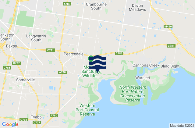 Carte des horaires des marées pour Cranbourne South, Australia