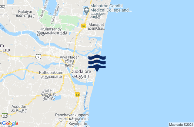 Carte des horaires des marées pour Cuddalore, India