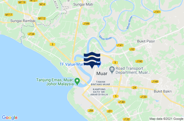 Carte des horaires des marées pour Daerah Muar, Malaysia