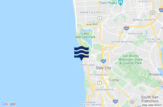 Carte des horaires des marées pour Daly City, United States