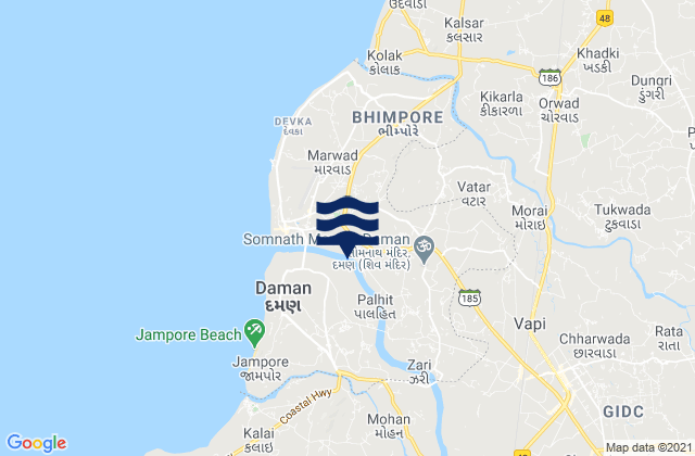 Carte des horaires des marées pour Daman District, India