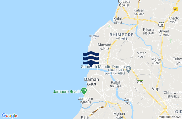 Carte des horaires des marées pour Damān, India