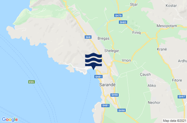 Carte des horaires des marées pour Delvinë, Albania