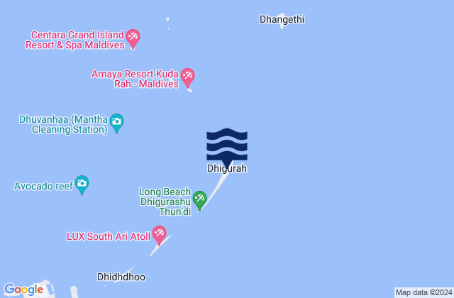 Carte des horaires des marées pour Dhigurah, Maldives