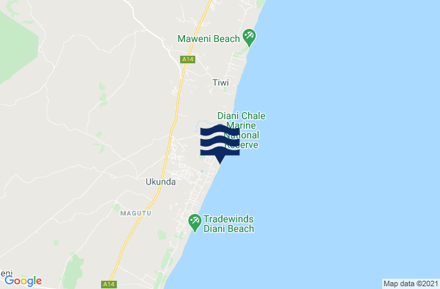 Carte des horaires des marées pour Diani Beach, Kenya