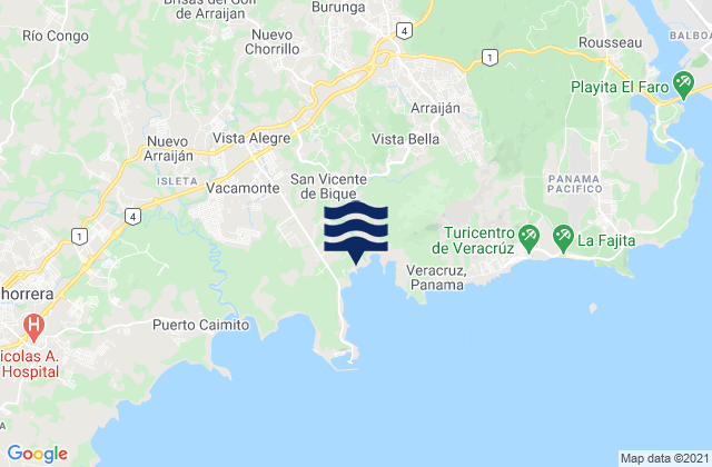 Carte des horaires des marées pour Distrito Arraiján, Panama