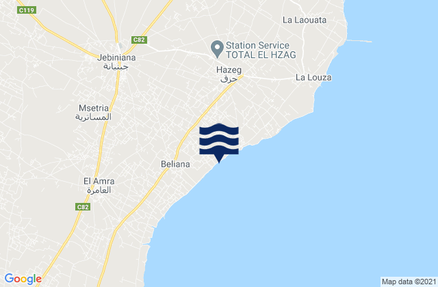 Carte des horaires des marées pour Djebeniana, Tunisia