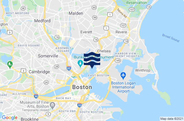 Carte des horaires des marées pour East Boston Pier 10 southeast of, United States