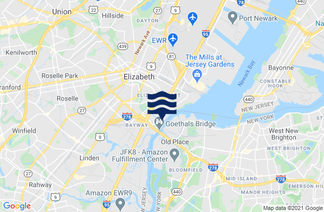 Carte des horaires des marées pour Elizabeth, United States