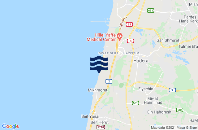 Carte des horaires des marées pour Elyakhin, Israel