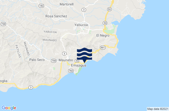 Carte des horaires des marées pour Emajagua Barrio, Puerto Rico