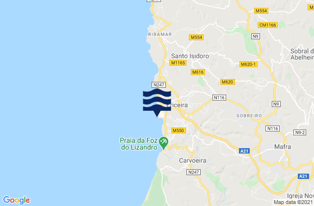 Carte des horaires des marées pour Ericeira, Portugal