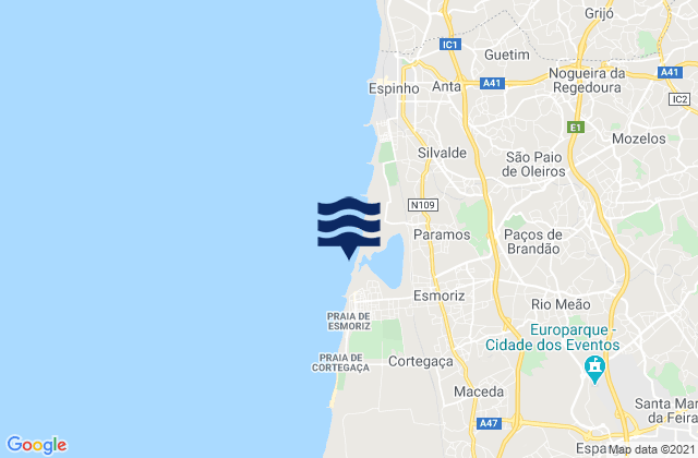 Carte des horaires des marées pour Esmoriz, Portugal
