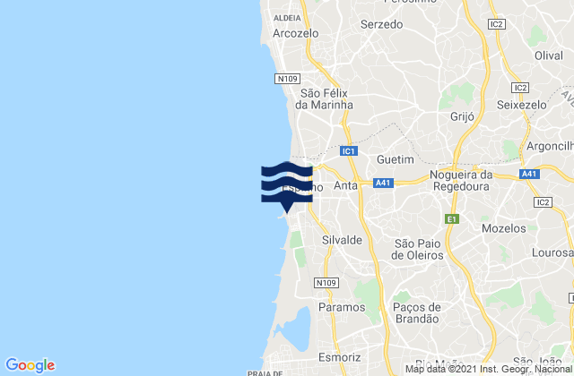 Carte des horaires des marées pour Espinho, Portugal