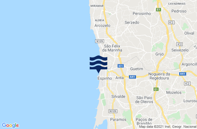 Carte des horaires des marées pour Espinho, Portugal