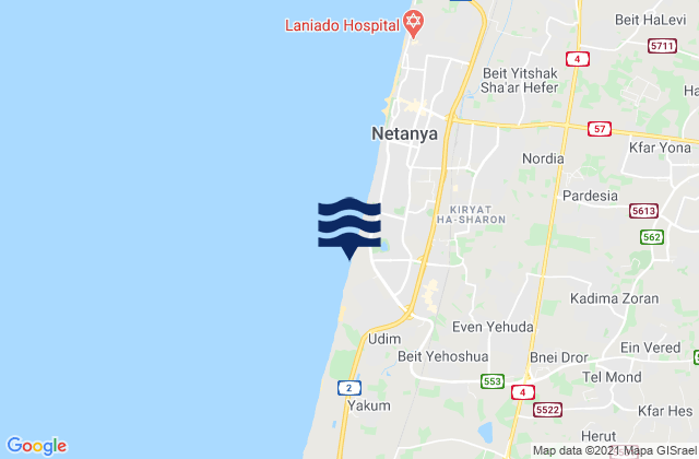 Carte des horaires des marées pour Even Yehuda, Israel