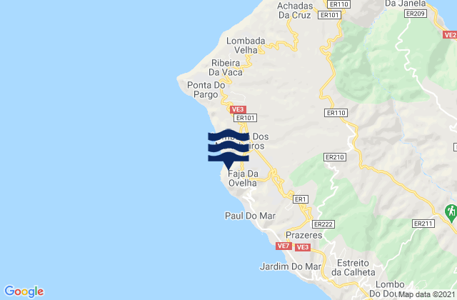 Carte des horaires des marées pour Fajã da Ovelha, Portugal
