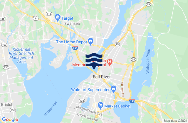 Carte des horaires des marées pour Fall River Massachusetts, United States