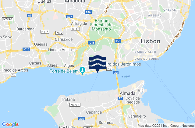 Carte des horaires des marées pour Famões, Portugal