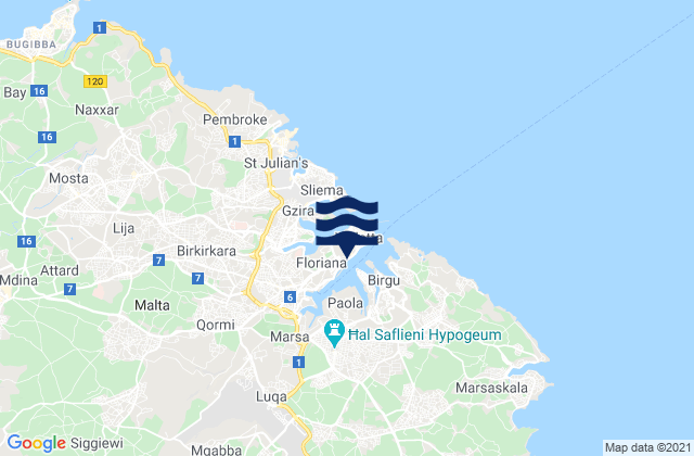 Carte des horaires des marées pour Floriana, Malta