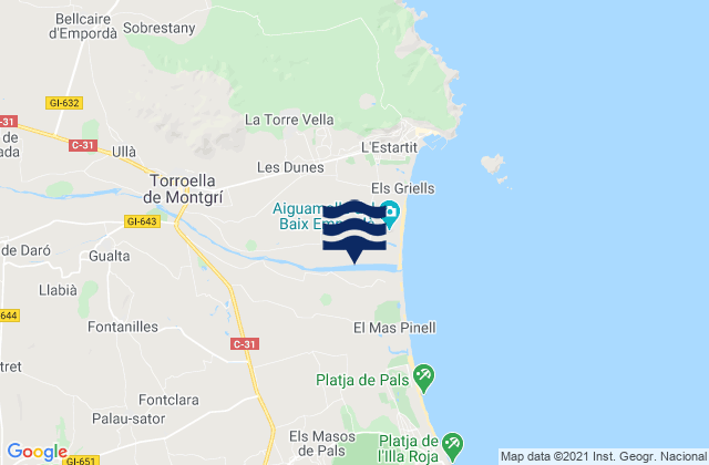 Carte des horaires des marées pour Fontanilles, Spain