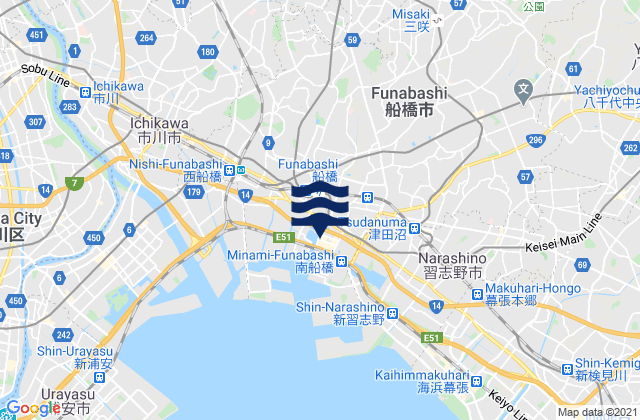 Carte des horaires des marées pour Funabashi-shi, Japan
