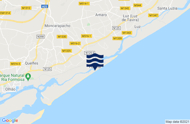 Carte des horaires des marées pour Fuzeta beach (island), Portugal