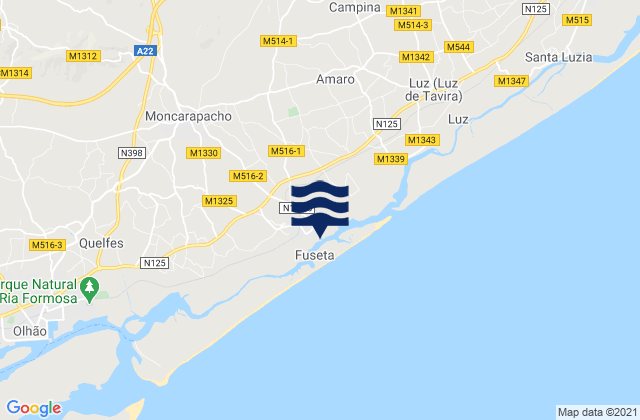 Carte des horaires des marées pour Fuzeta beach (land based), Portugal