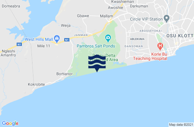Carte des horaires des marées pour Gbawe, Ghana