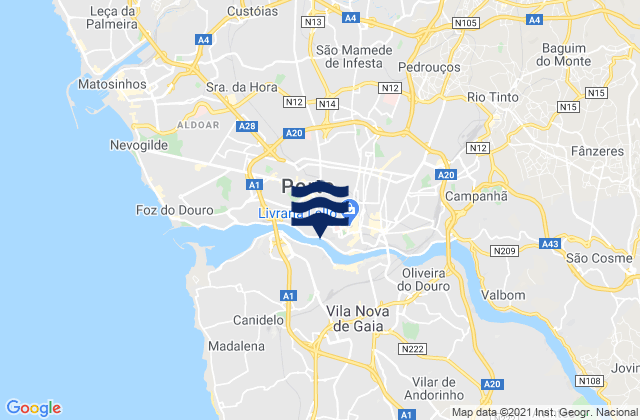 Carte des horaires des marées pour Gondomar, Portugal