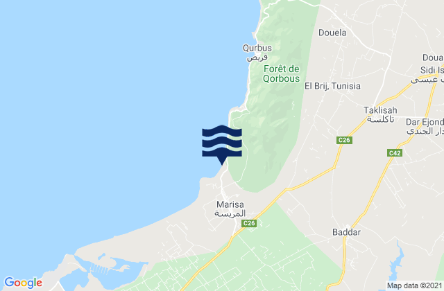 Carte des horaires des marées pour Gouvernorat de Nabeul, Tunisia
