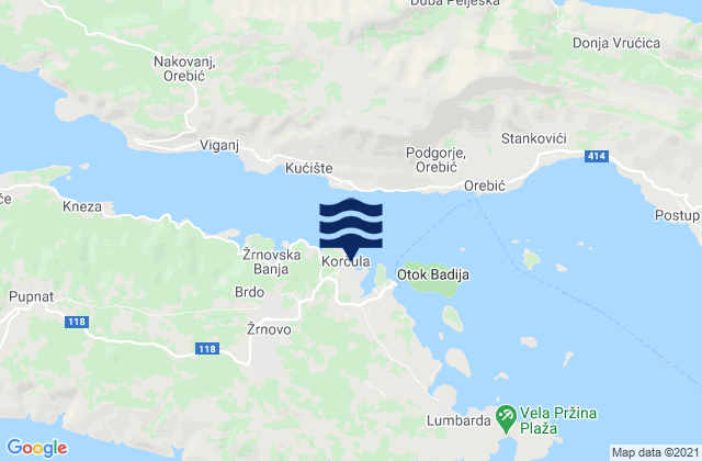 Carte des horaires des marées pour Grad Korčula, Croatia