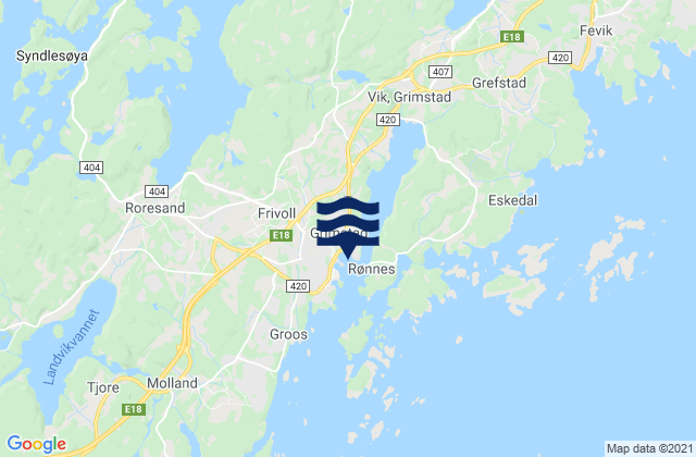 Carte des horaires des marées pour Grimstad, Norway