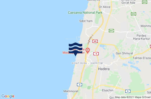 Carte des horaires des marées pour Hadera, Israel
