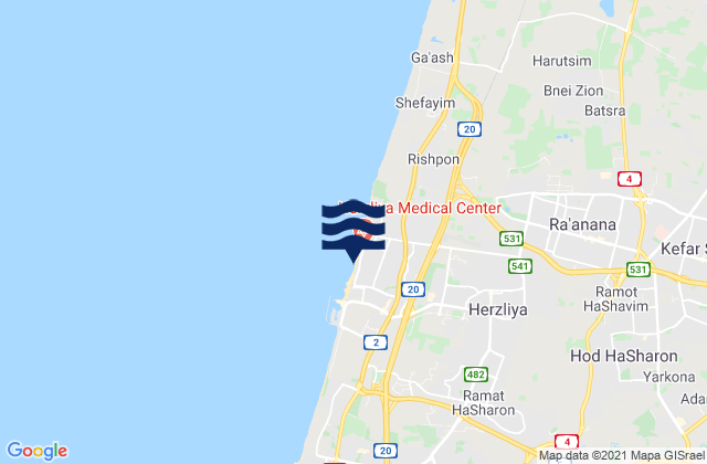 Carte des horaires des marées pour Herzliya Pituah, Israel