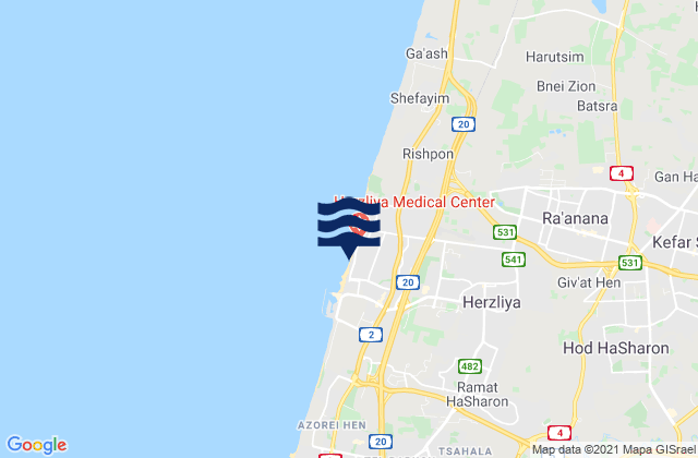 Carte des horaires des marées pour Herzliya, Israel