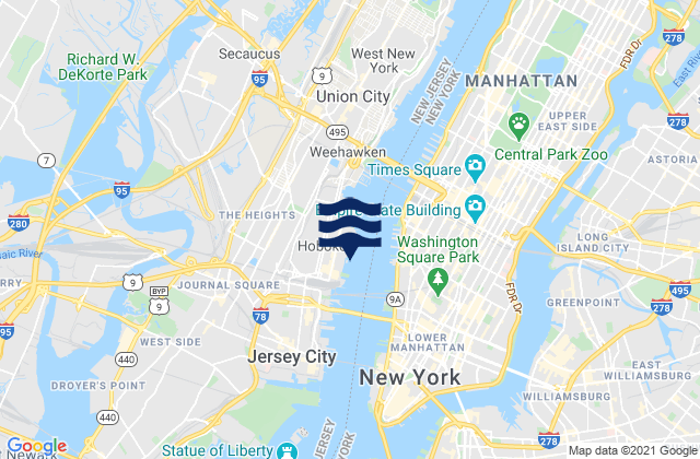Carte des horaires des marées pour Hoboken, United States