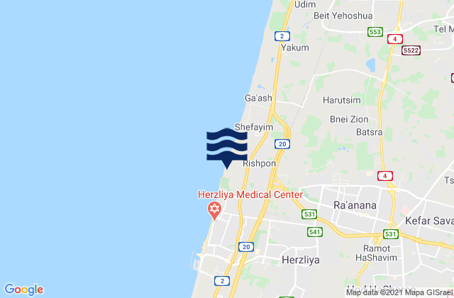 Carte des horaires des marées pour Hod HaSharon, Israel