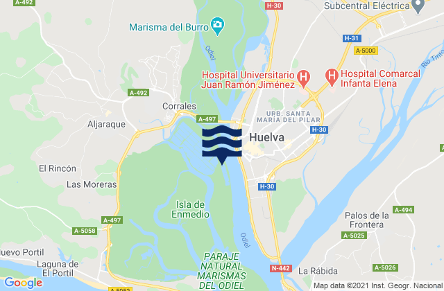 Carte des horaires des marées pour Huelva Rio Odiel, Spain