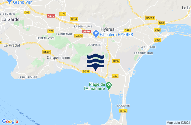 Carte des horaires des marées pour Hyères, France
