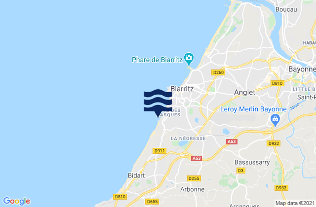 Carte des horaires des marées pour Ilbaritz - Marbella, France