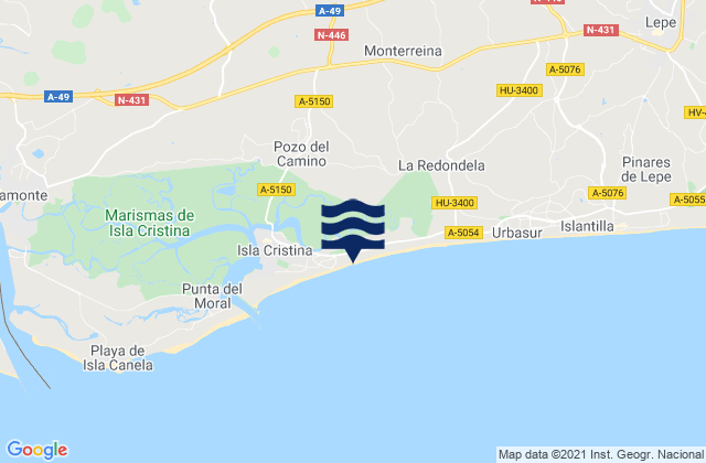 Carte des horaires des marées pour Isla Canela, Spain